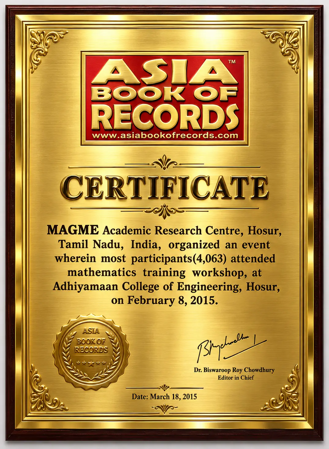 Asia Book of Records participation certificate