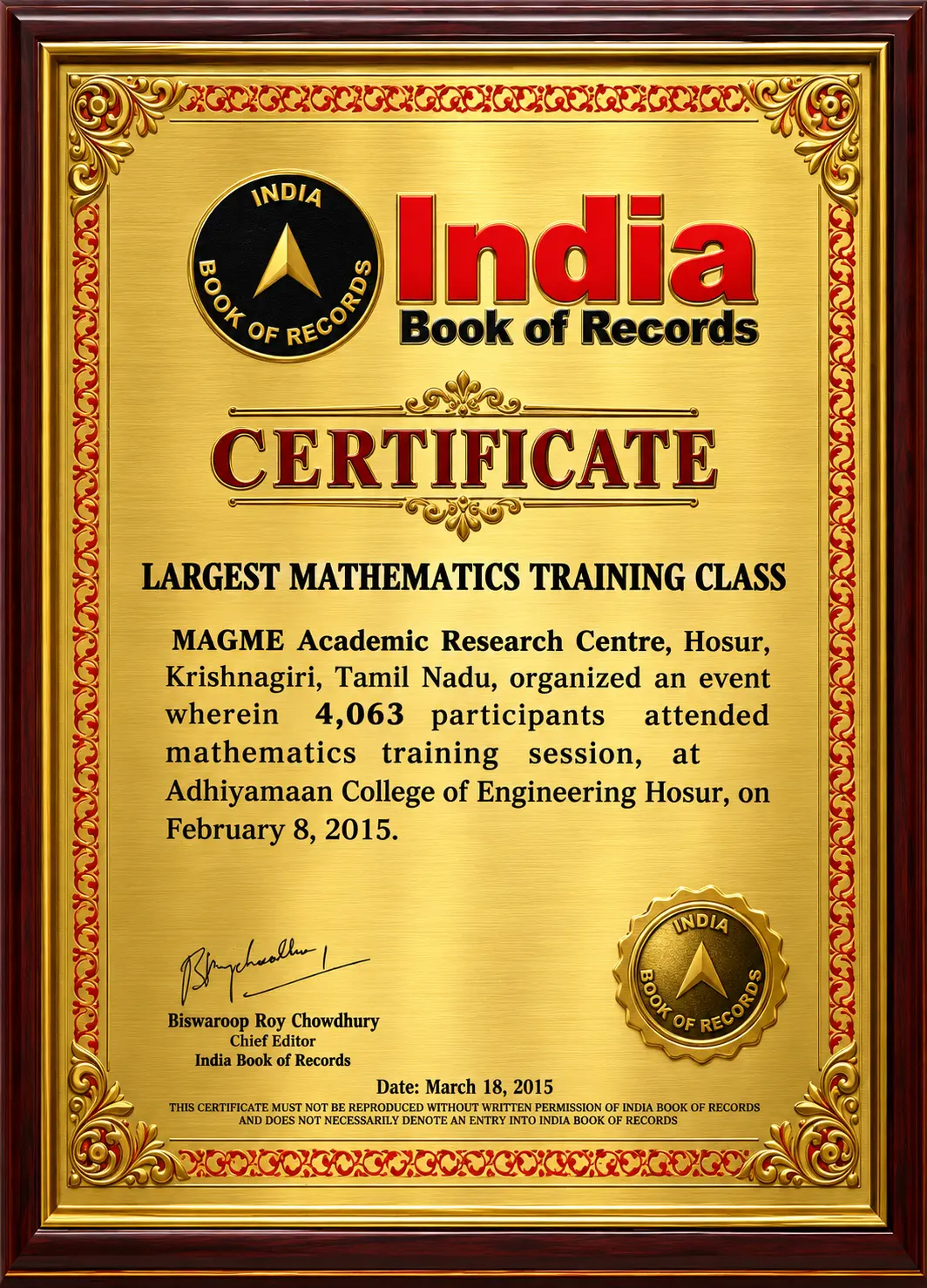 India Book of Records mathematics training certificate